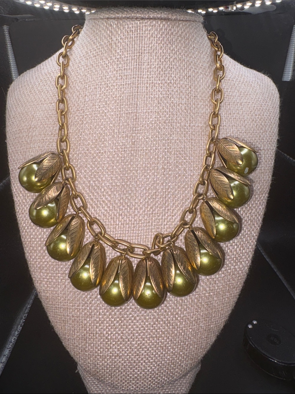Lenora Dame Olive Green Pearl Leaf Statement Necklace Gold Tone Retired